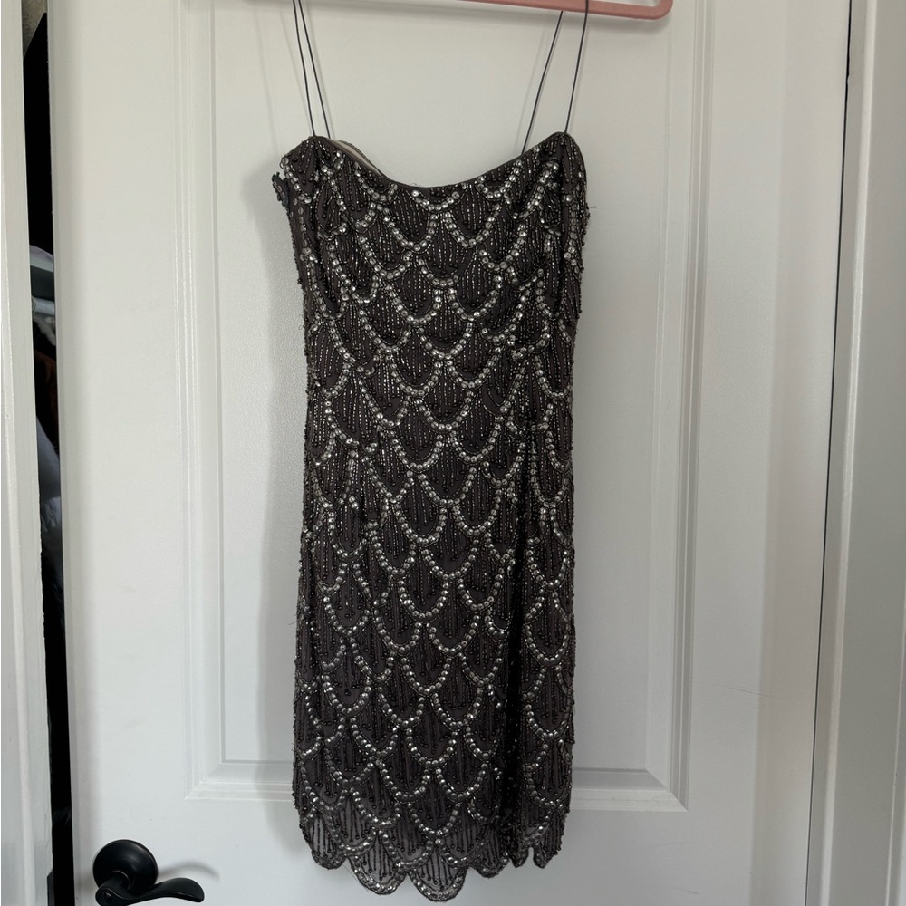 Source Unknown Charcoal Beaded Mini Dress with Scalloped Edge